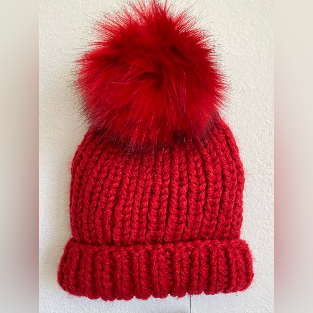 NEW Free People Knit Wool Beanie Winter Pom Pom Hat in Cherry Red